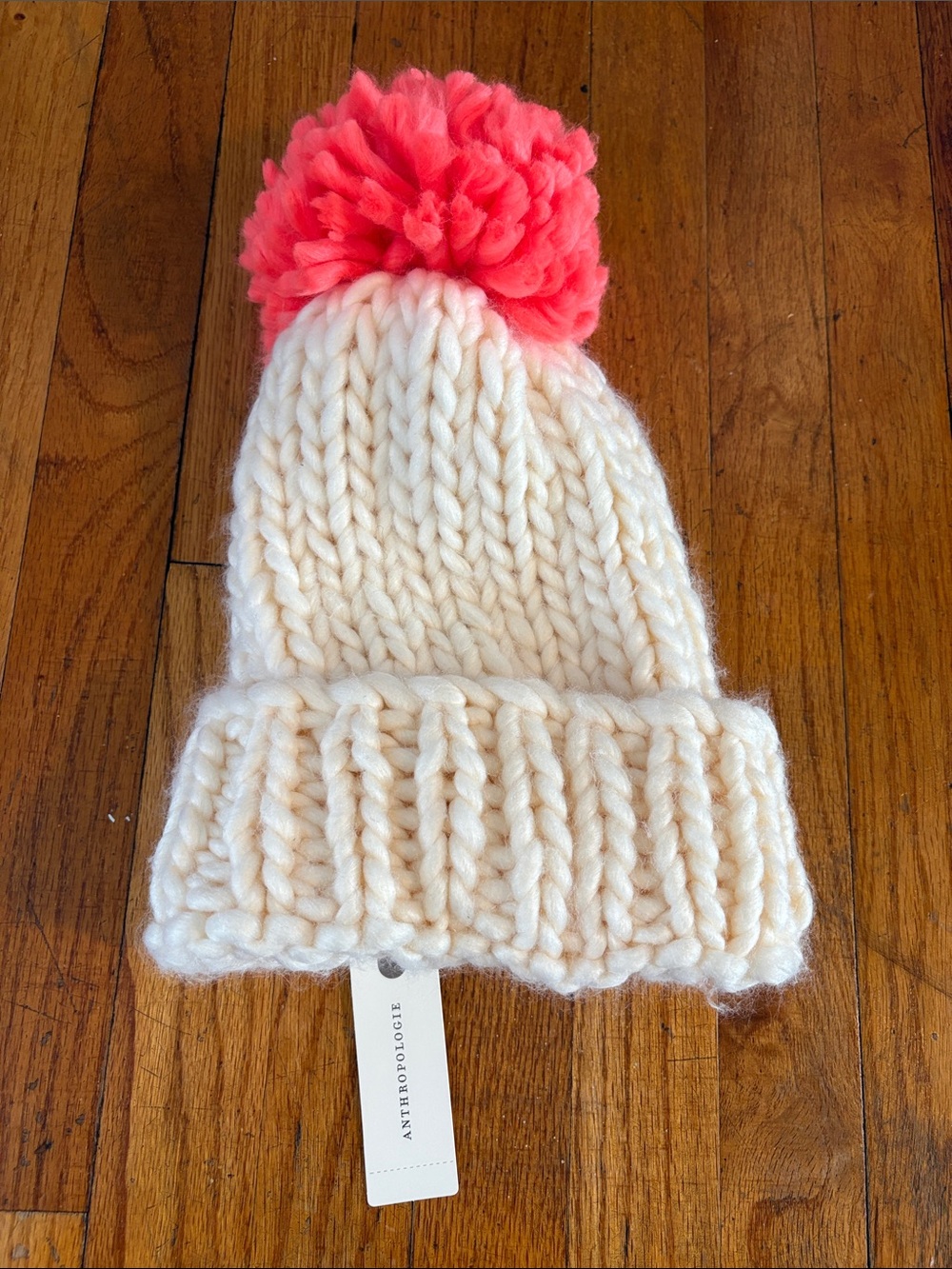 Anthropologie Cream Knit Pom Beanie with Pink Pom